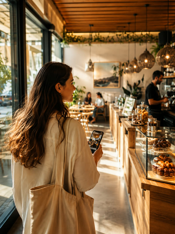 Customer walking into a cafe holding up her phone
